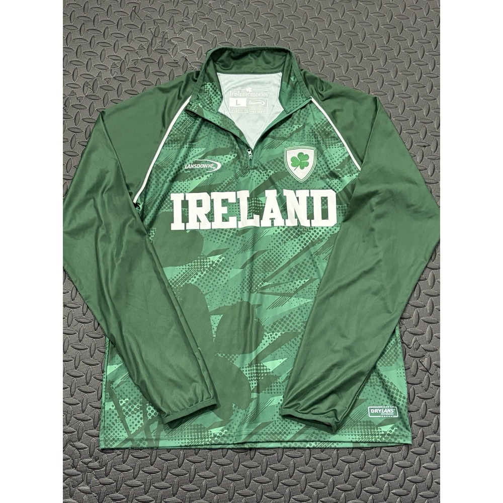 IRELAND RUGBY MENS L JERSEY SHIRT LS LANSDOWNE COLLECTION GREEN 1/4 ZIP SHAMROCK